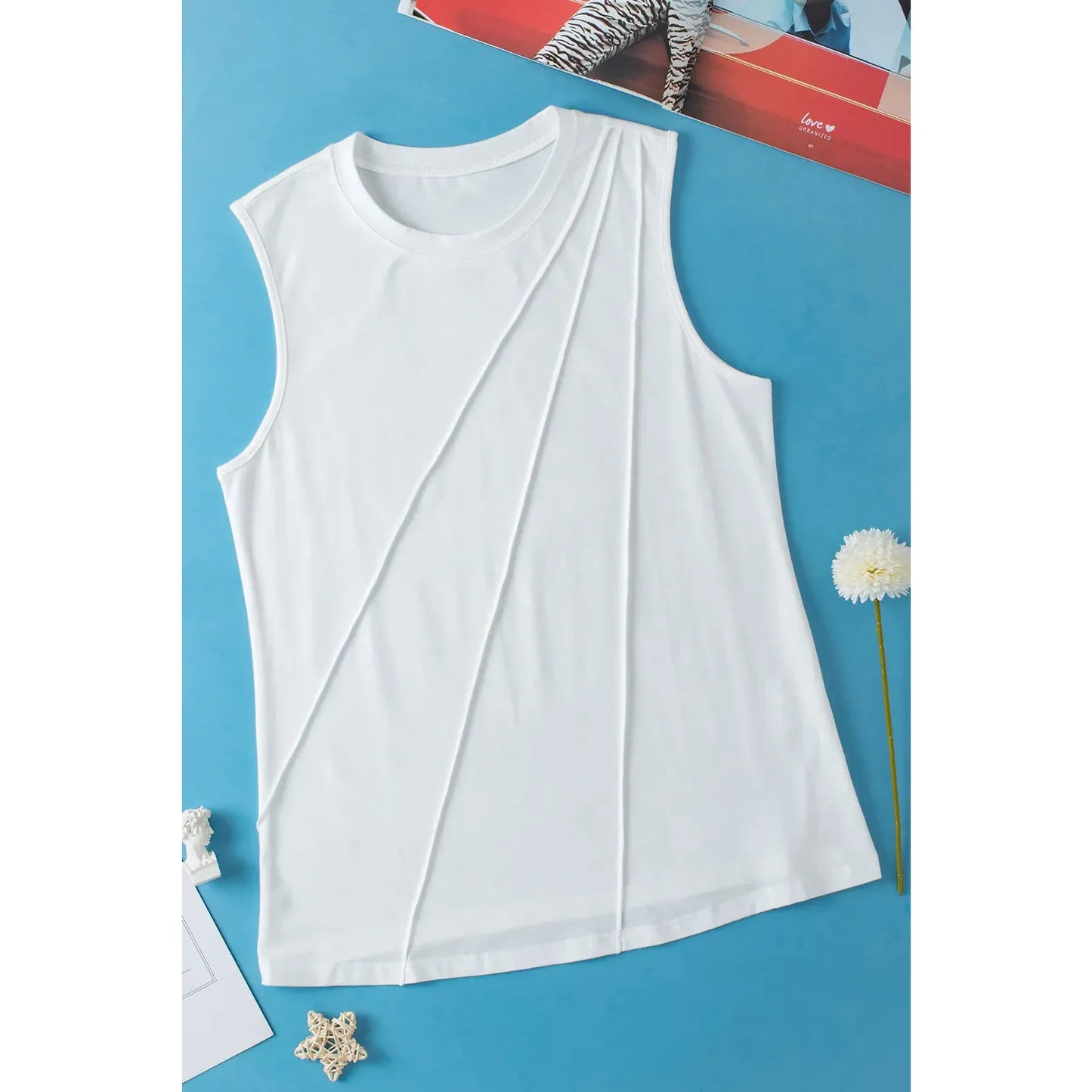 Danielle White Crew Neck Pleated Tank Top