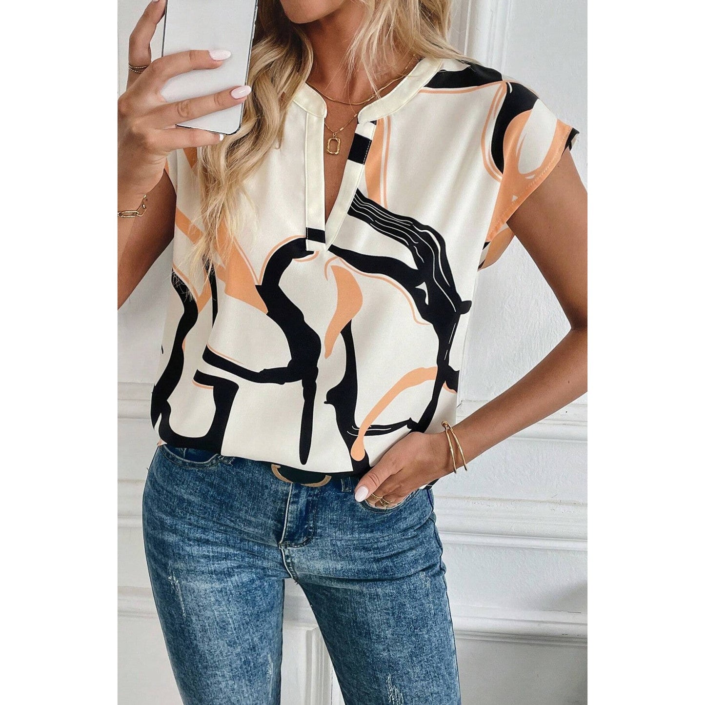 Darbie Abstract Print Notched Neck Sleeveless Top