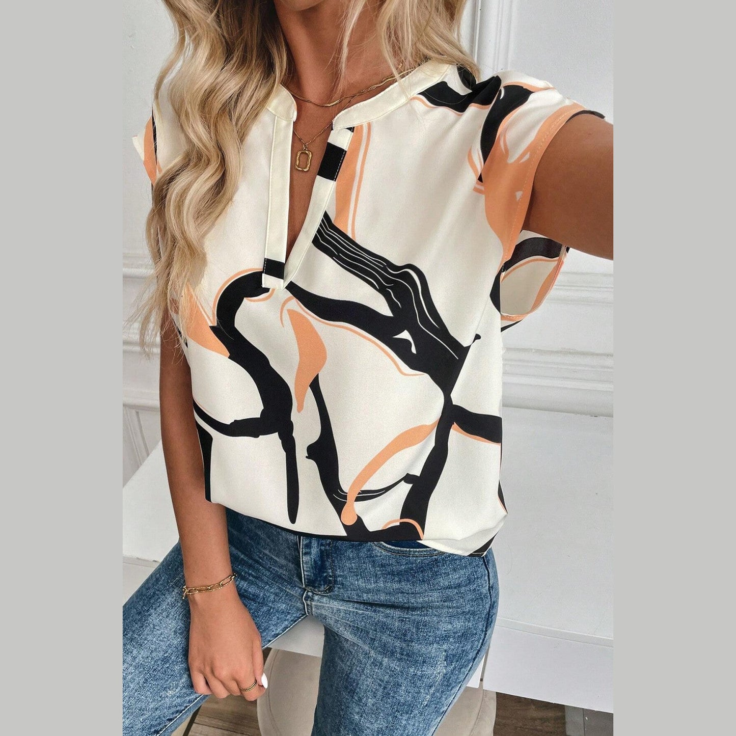 Darbie Abstract Print Notched Neck Sleeveless Top