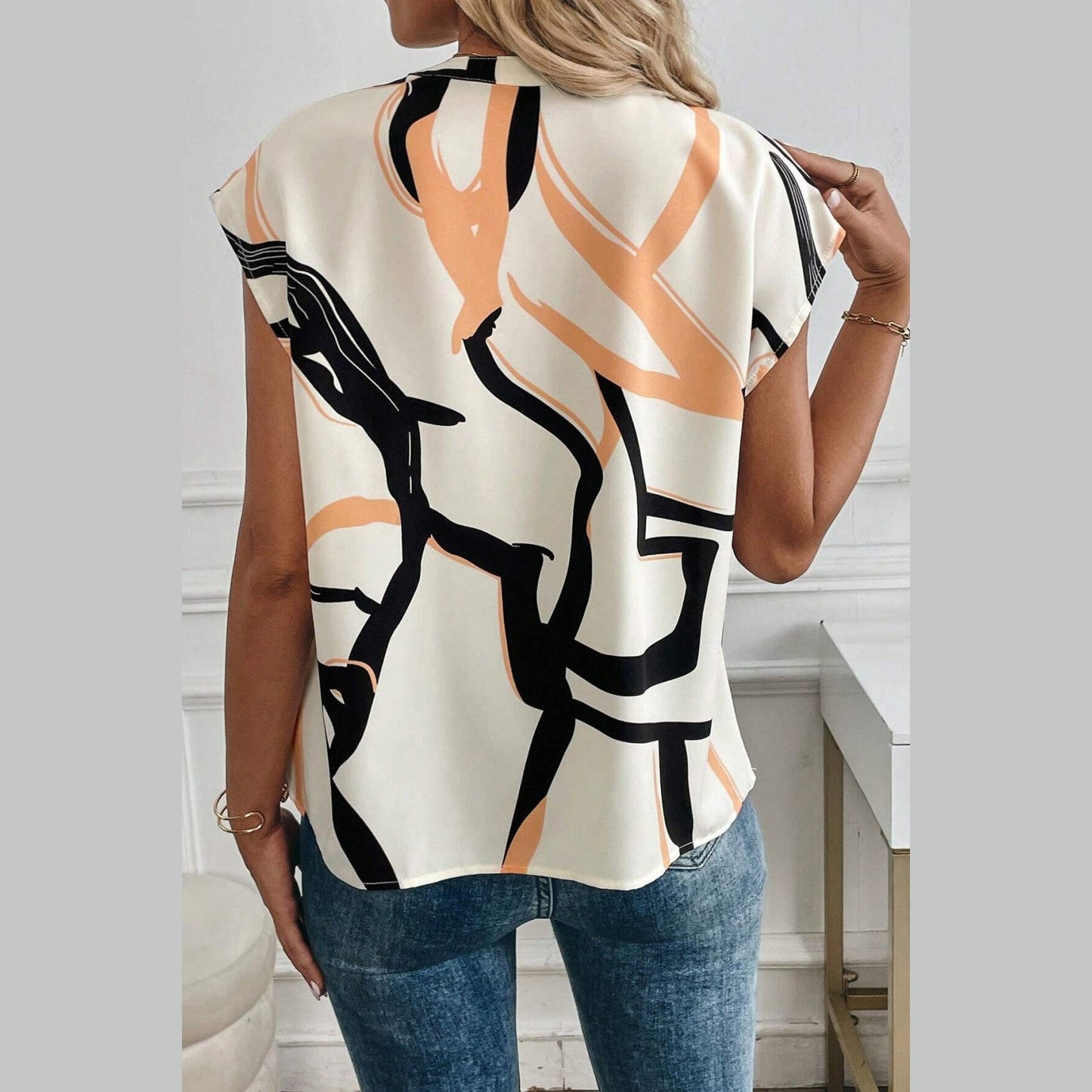 Darbie Abstract Print Notched Neck Sleeveless Top