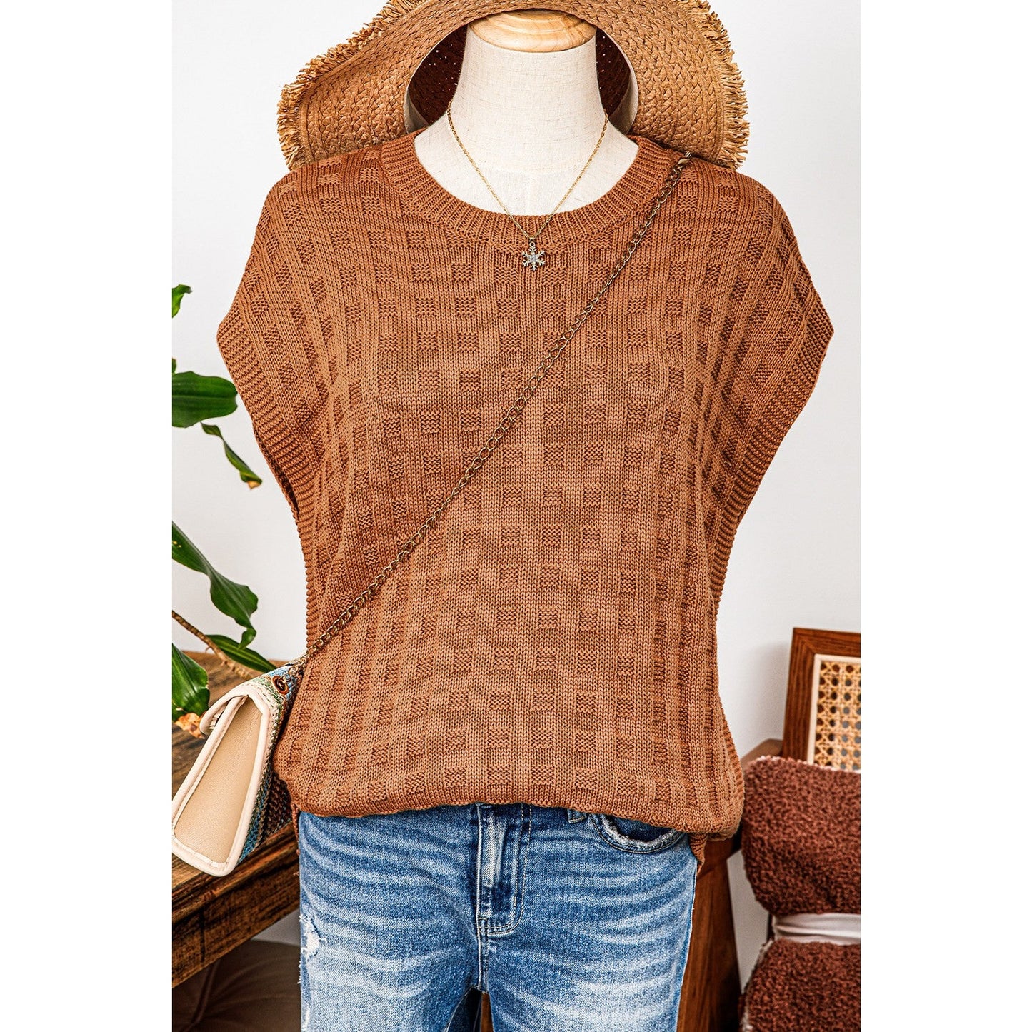 REDUCED!!! Darcy Camel Round Neck Textured Knit Sweater Vest REDUCED!!!