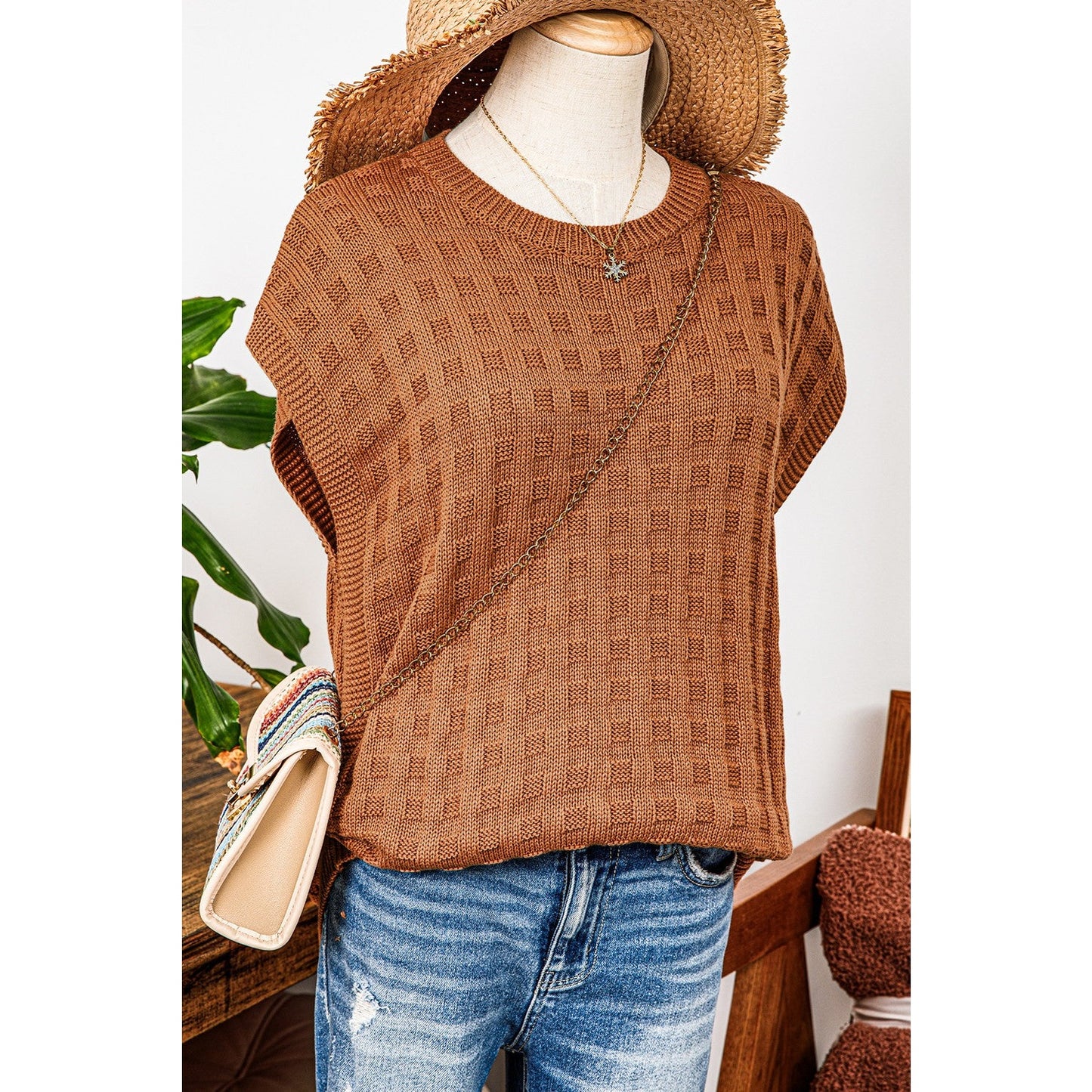 REDUCED!!! Darcy Camel Round Neck Textured Knit Sweater Vest REDUCED!!!