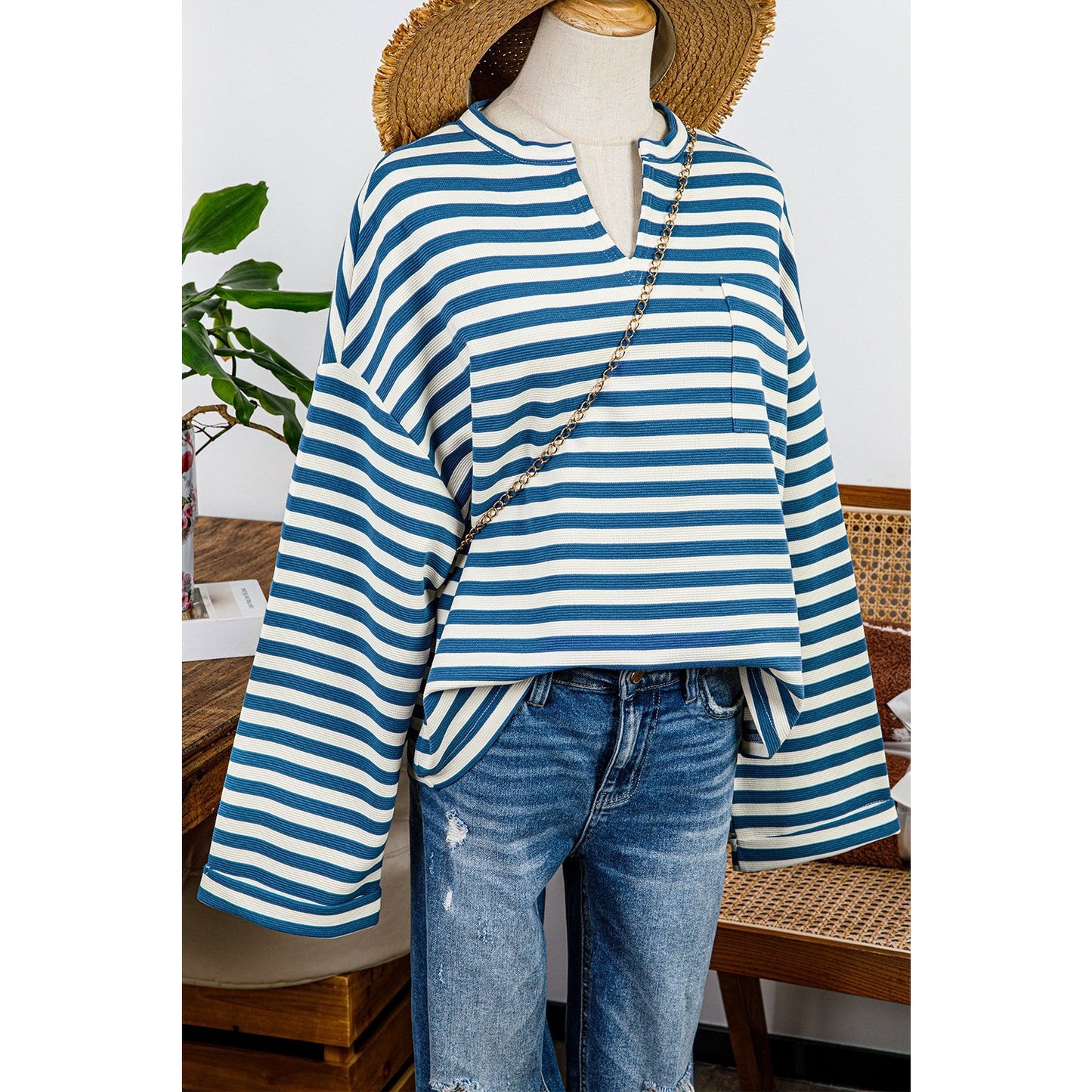 Darla Sky Blue Stripe Chest Pocket Buttoned Back Notched V Neck Top