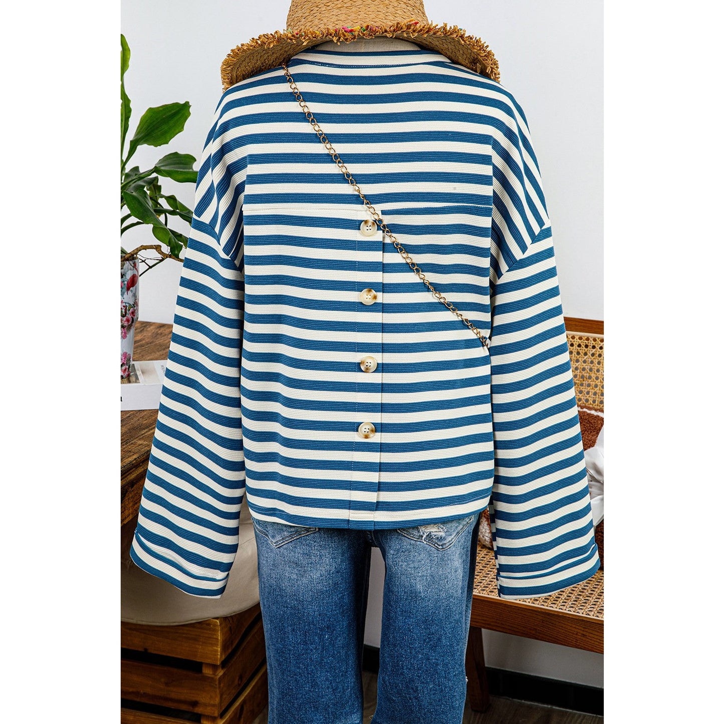 Darla Sky Blue Stripe Chest Pocket Buttoned Back Notched V Neck Top