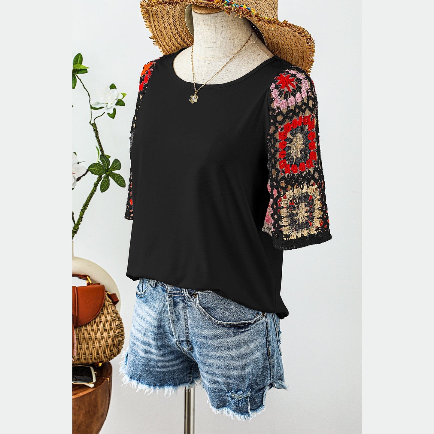 Dawn Black Floral Crochet Short Sleeve Top