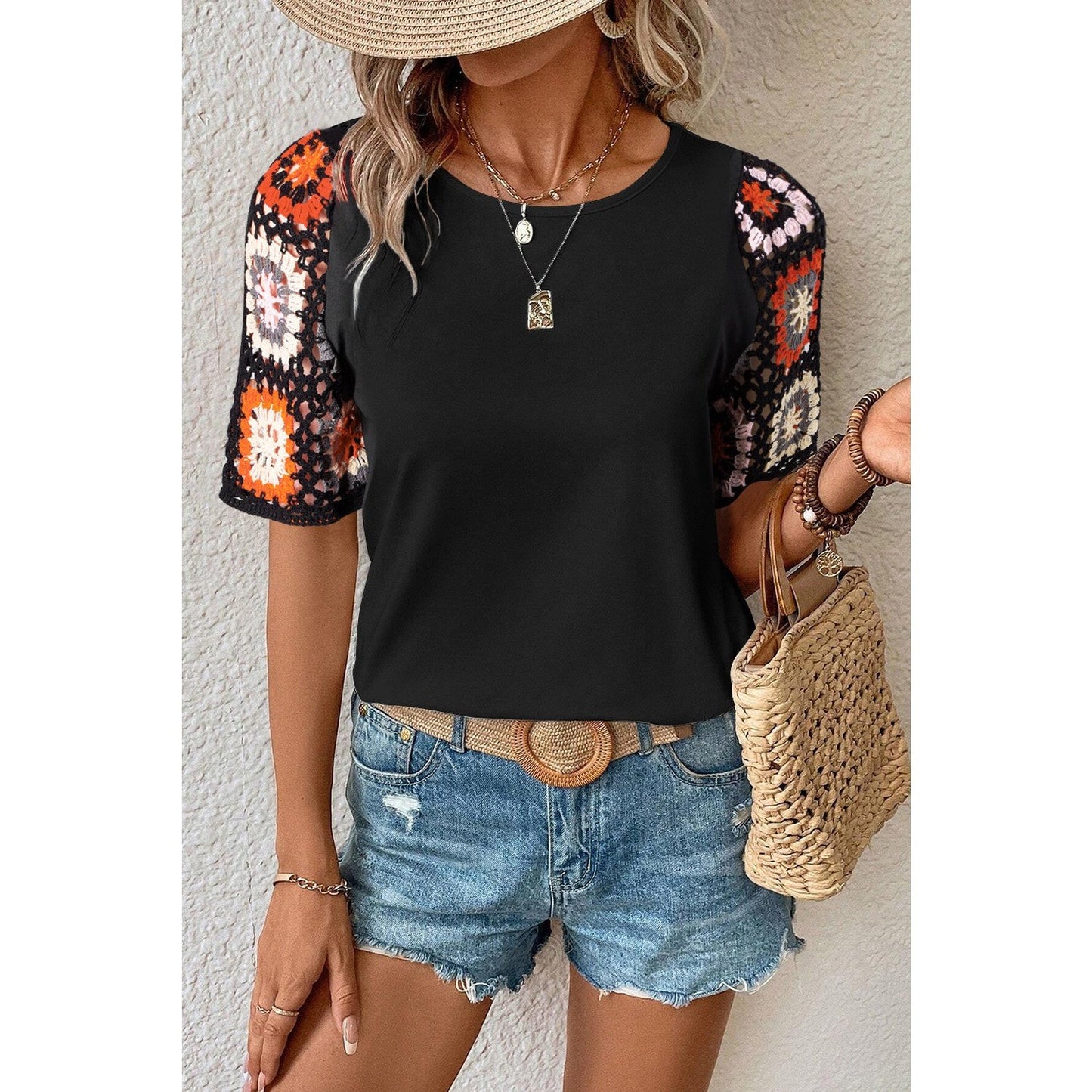 Dawn Black Floral Crochet Short Sleeve Top
