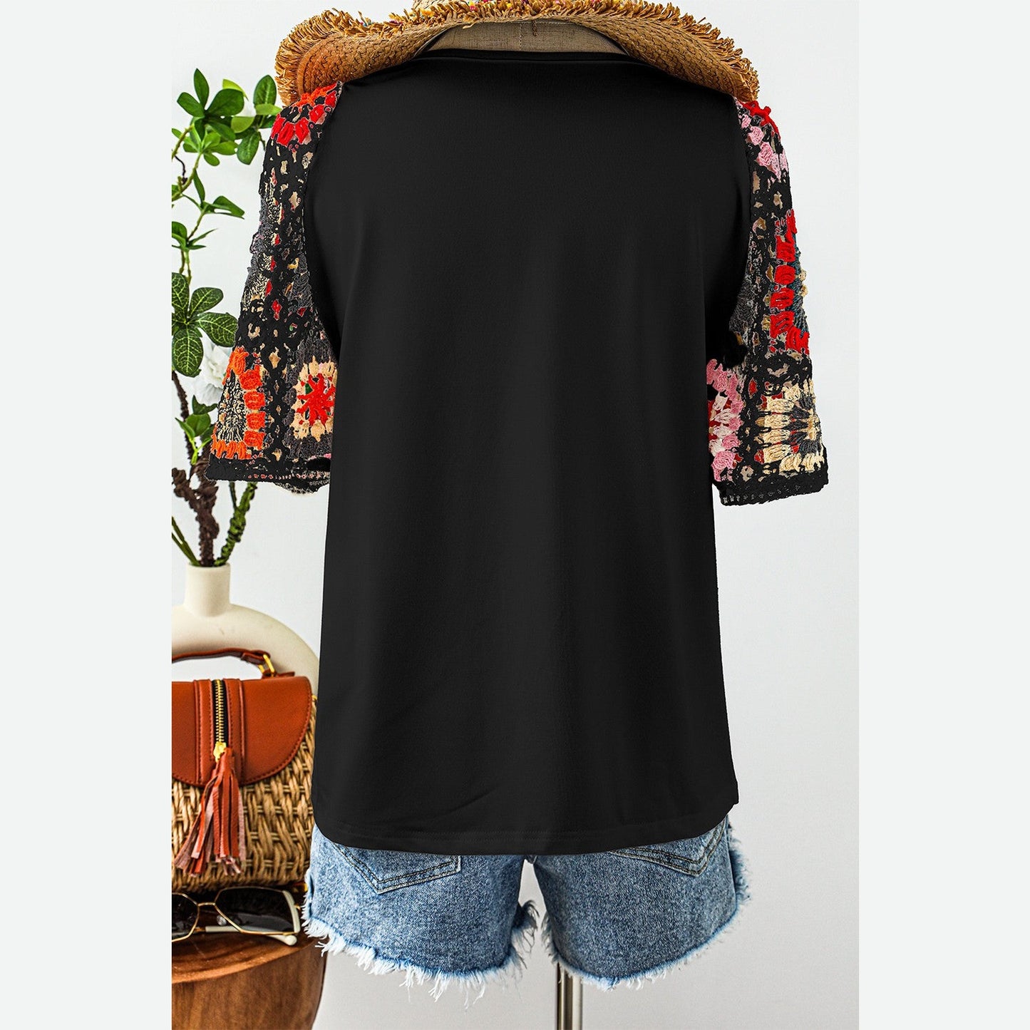 Dawn Black Floral Crochet Short Sleeve Top