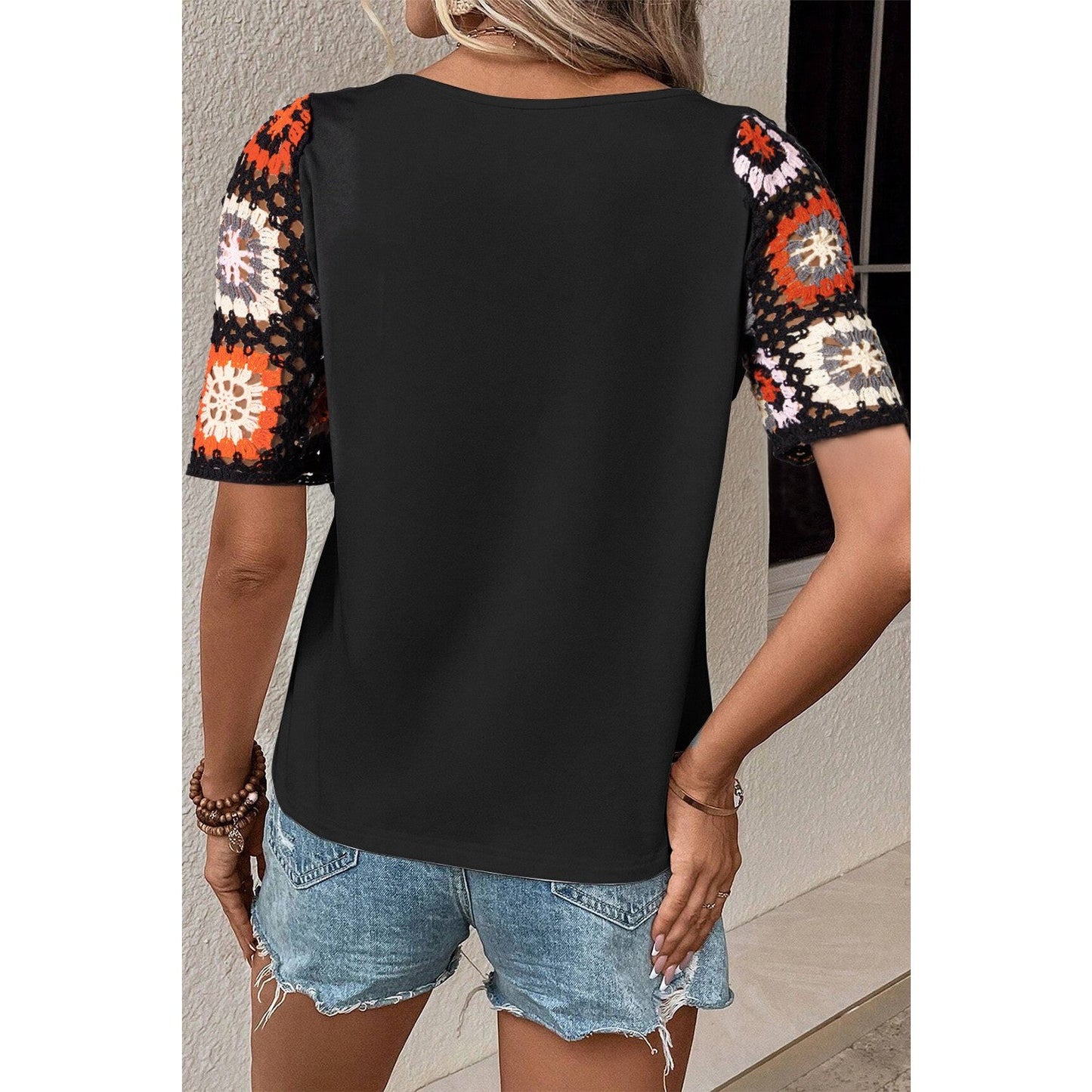Dawn Black Floral Crochet Short Sleeve Top