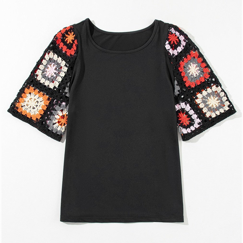 Dawn Black Floral Crochet Short Sleeve Top