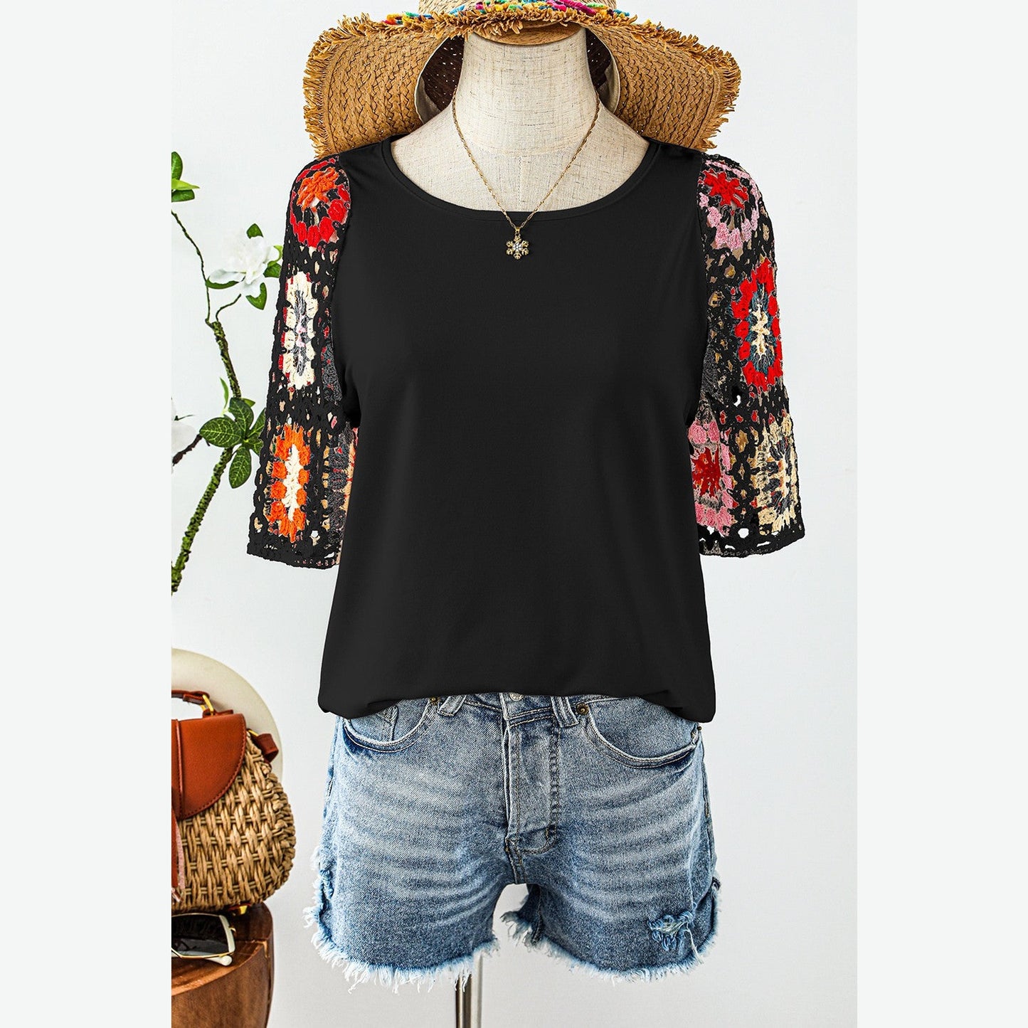 Dawn Black Floral Crochet Short Sleeve Top