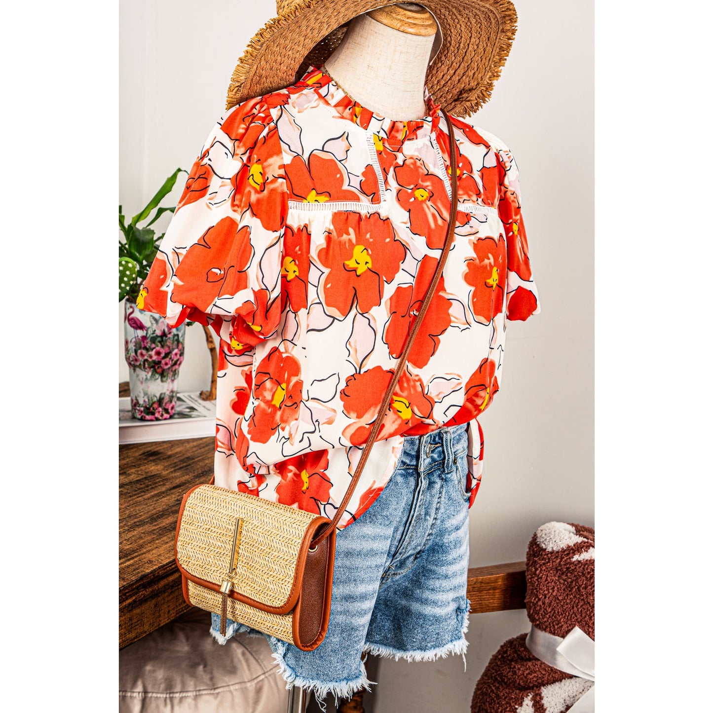REDUCED!!! Debra Orange Floral Bubble Sleeve Frill Neck Loose Blouse REDUCED!!!