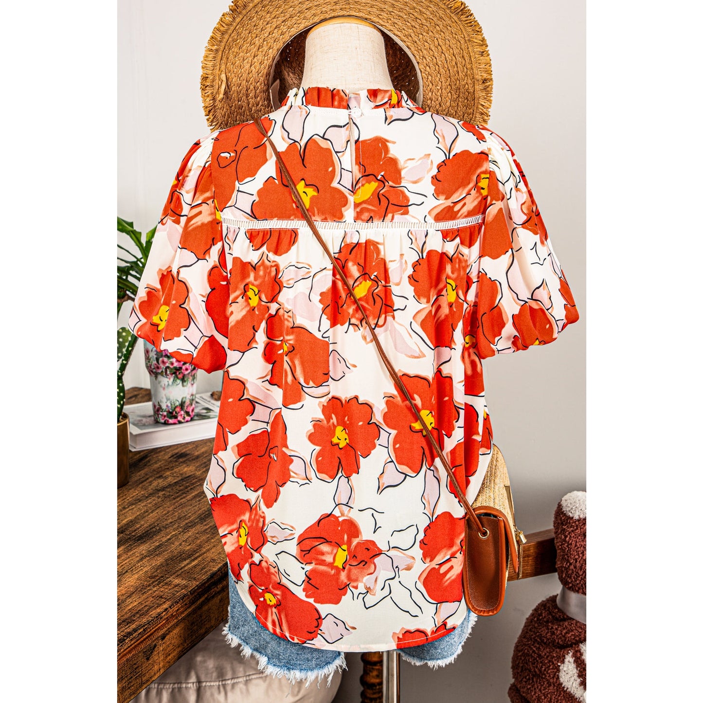 REDUCED!!! Debra Orange Floral Bubble Sleeve Frill Neck Loose Blouse REDUCED!!!