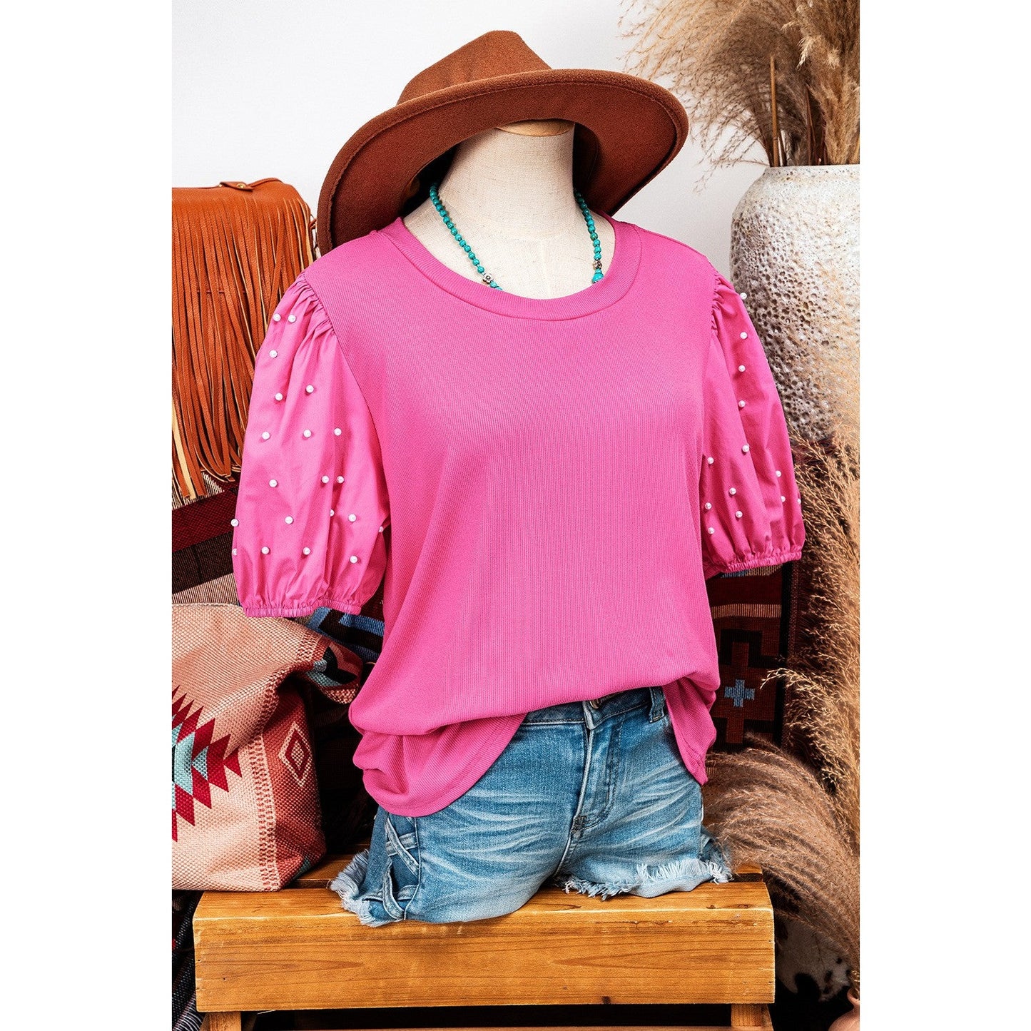 Delaney Bright Pink Ribbed Pearl Beaded Puff Sleeve Top