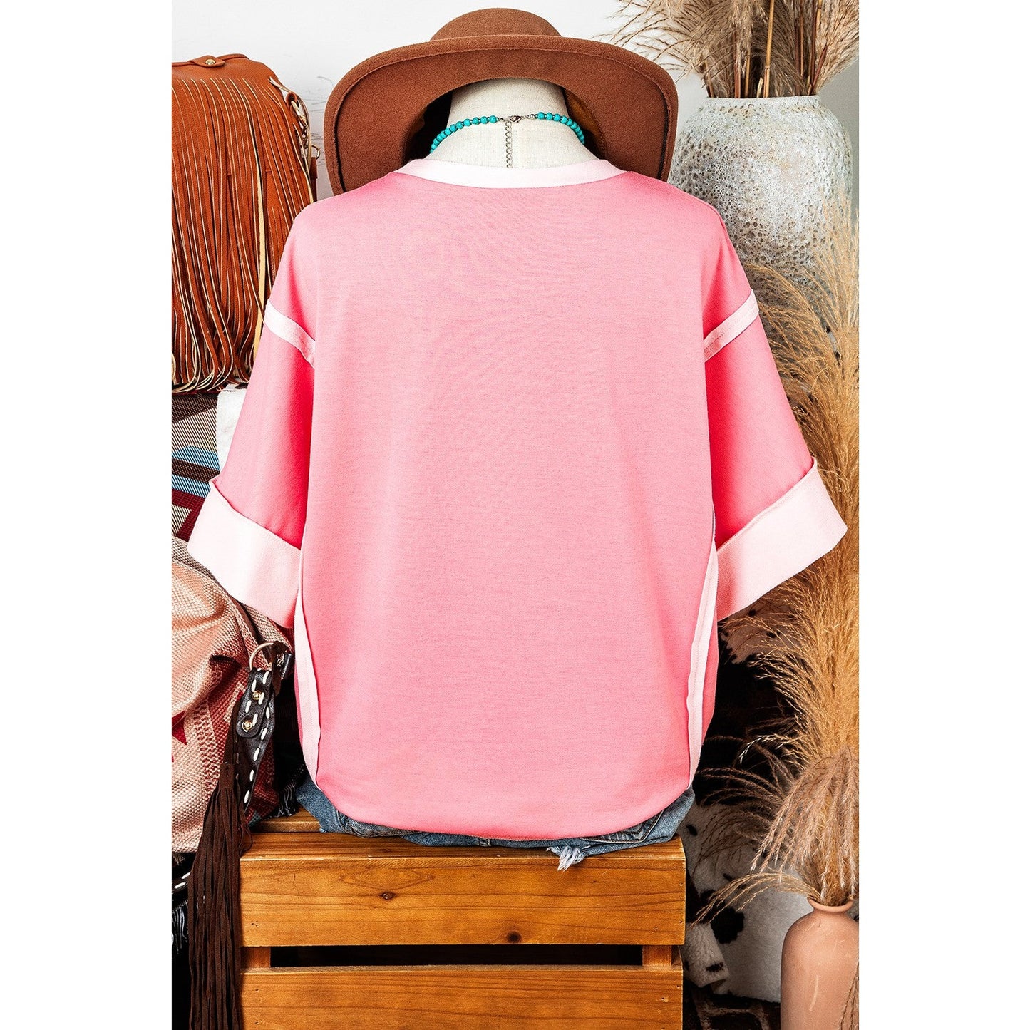 Delphine Peach Blossom Half Sleeve Raw Seam High Low Side Split Top