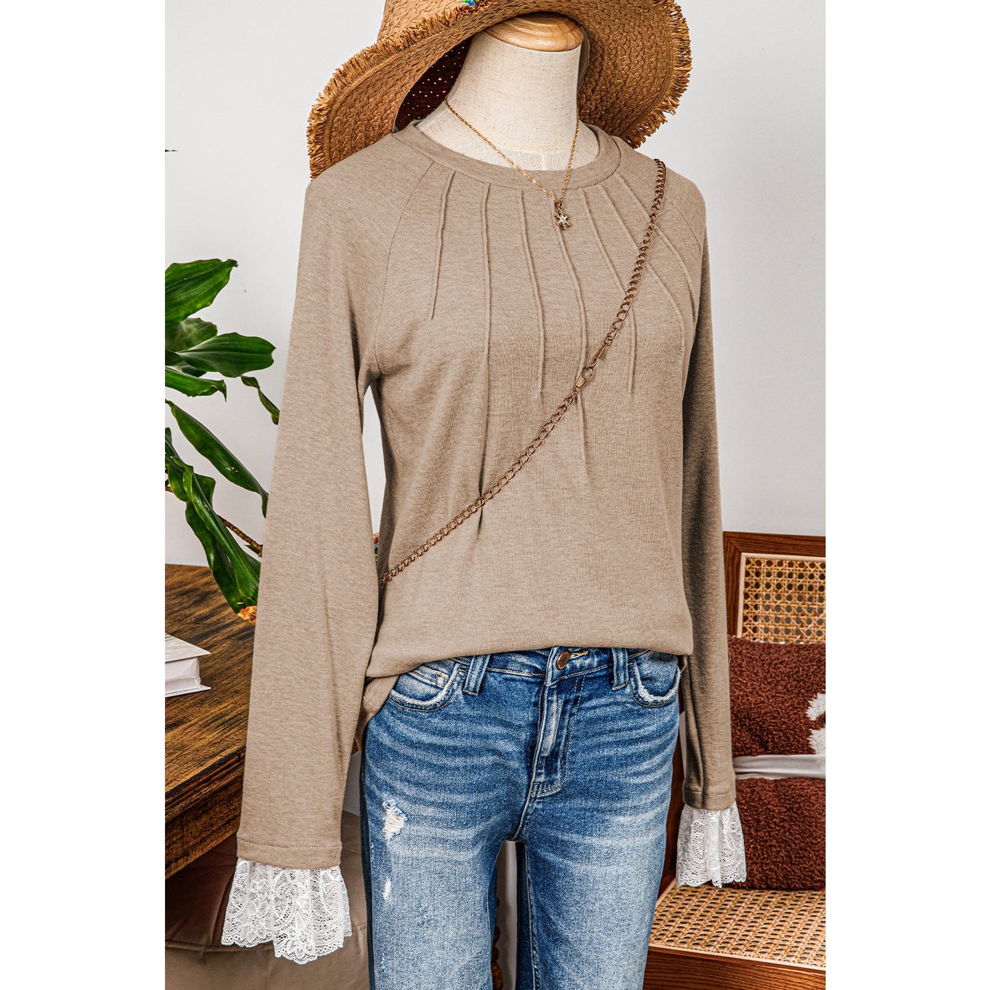 Derica Parchment Seam Detail Lace Contrast Cuffs Raglan Sleeve Top