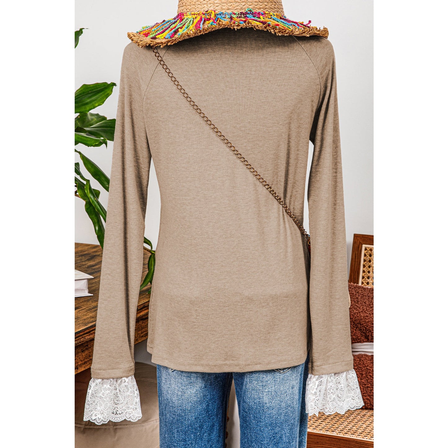 Derica Parchment Seam Detail Lace Contrast Cuffs Raglan Sleeve Top