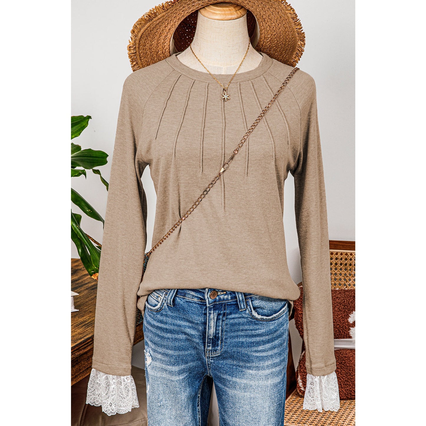 Derica Parchment Seam Detail Lace Contrast Cuffs Raglan Sleeve Top
