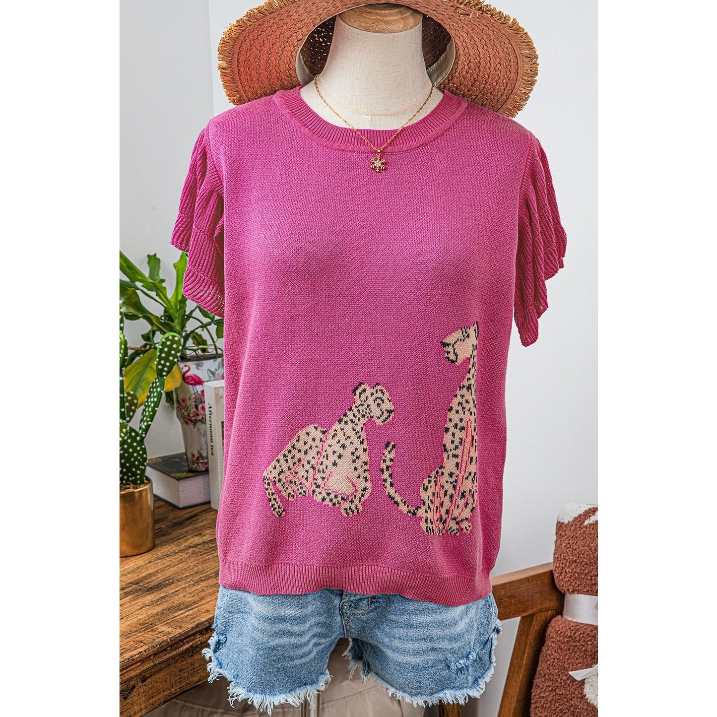 REDUCED!!! Devyn Pink Leopard Ruffled Sleeve Round Neck Knit Sweater REDUCED!!!