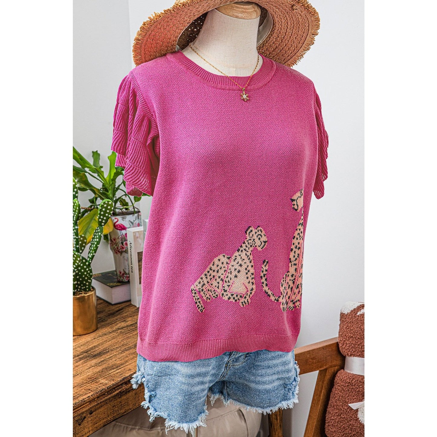 REDUCED!!! Devyn Pink Leopard Ruffled Sleeve Round Neck Knit Sweater REDUCED!!!