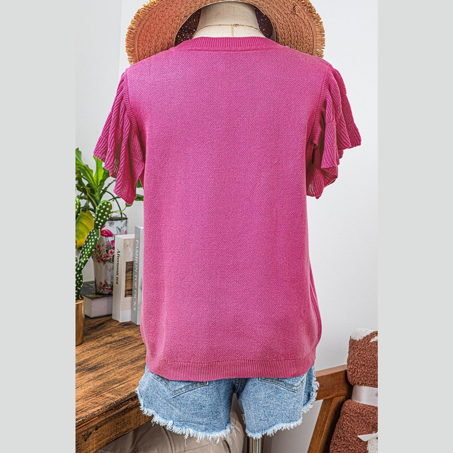 REDUCED!!! Devyn Pink Leopard Ruffled Sleeve Round Neck Knit Sweater REDUCED!!!