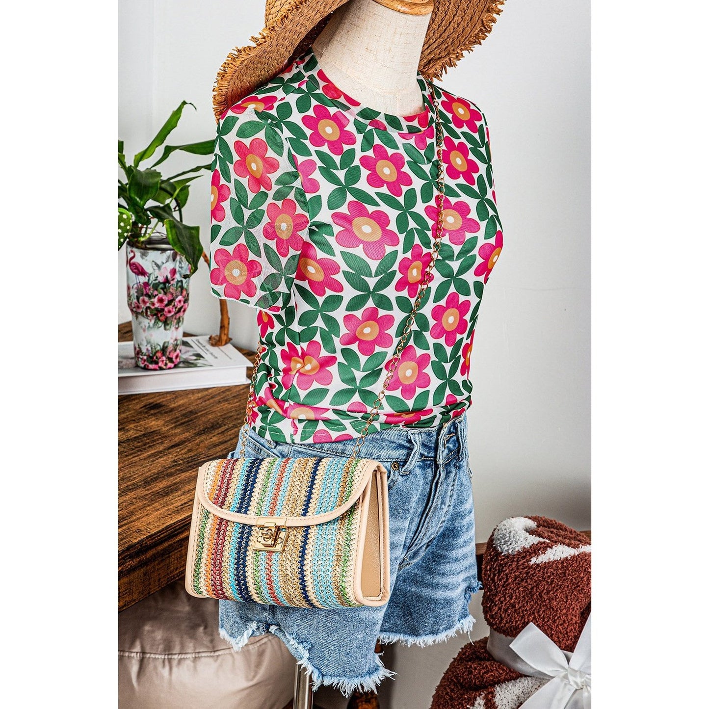 REDUCED!!! Dayten Fiery Red Retro Floral Print Crew Neck T Shirt REDUCED!!!