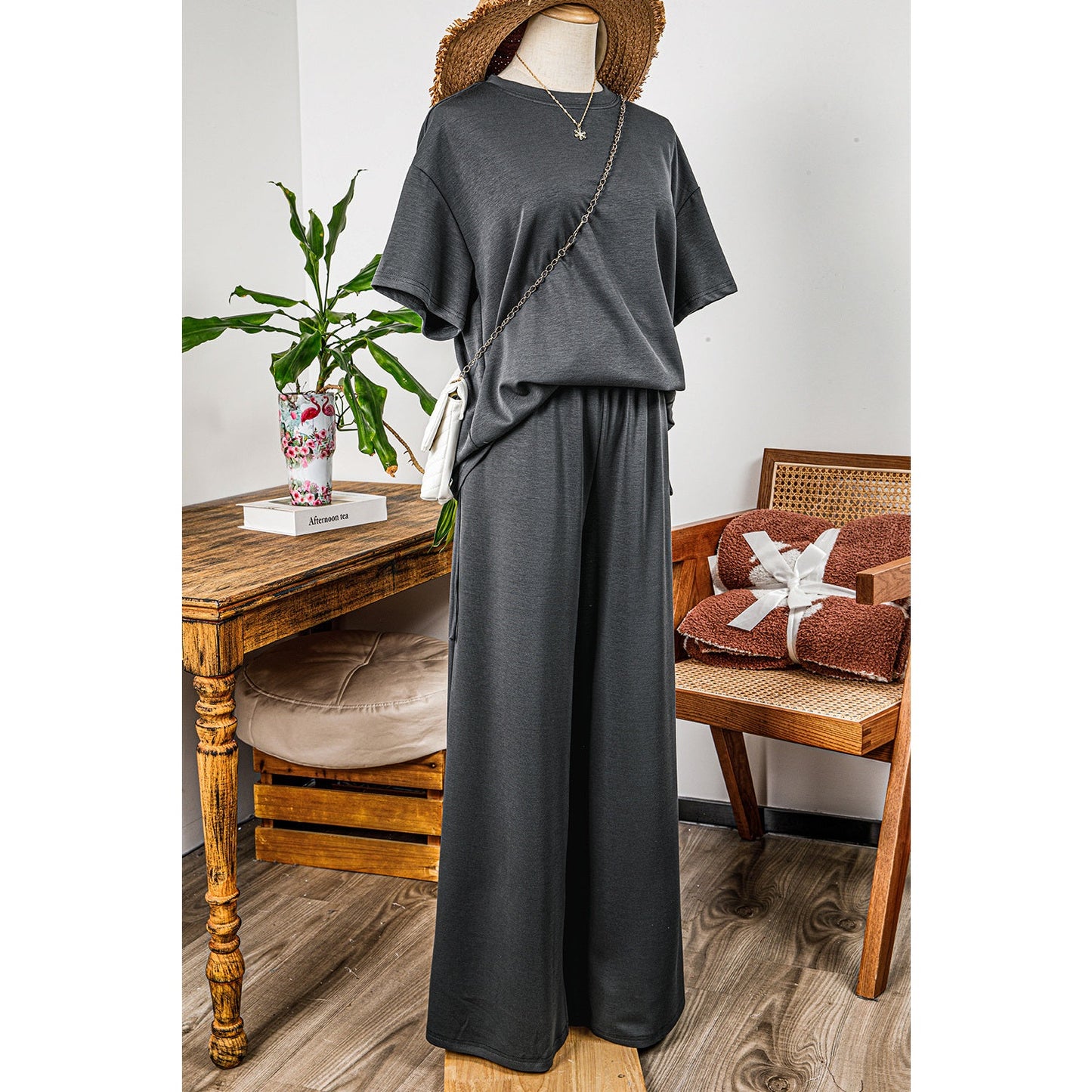 REDUCED!!! Dion Dark Grey Drawstring Side Crewneck Tee and Loose Pants Set REDUCED!!!