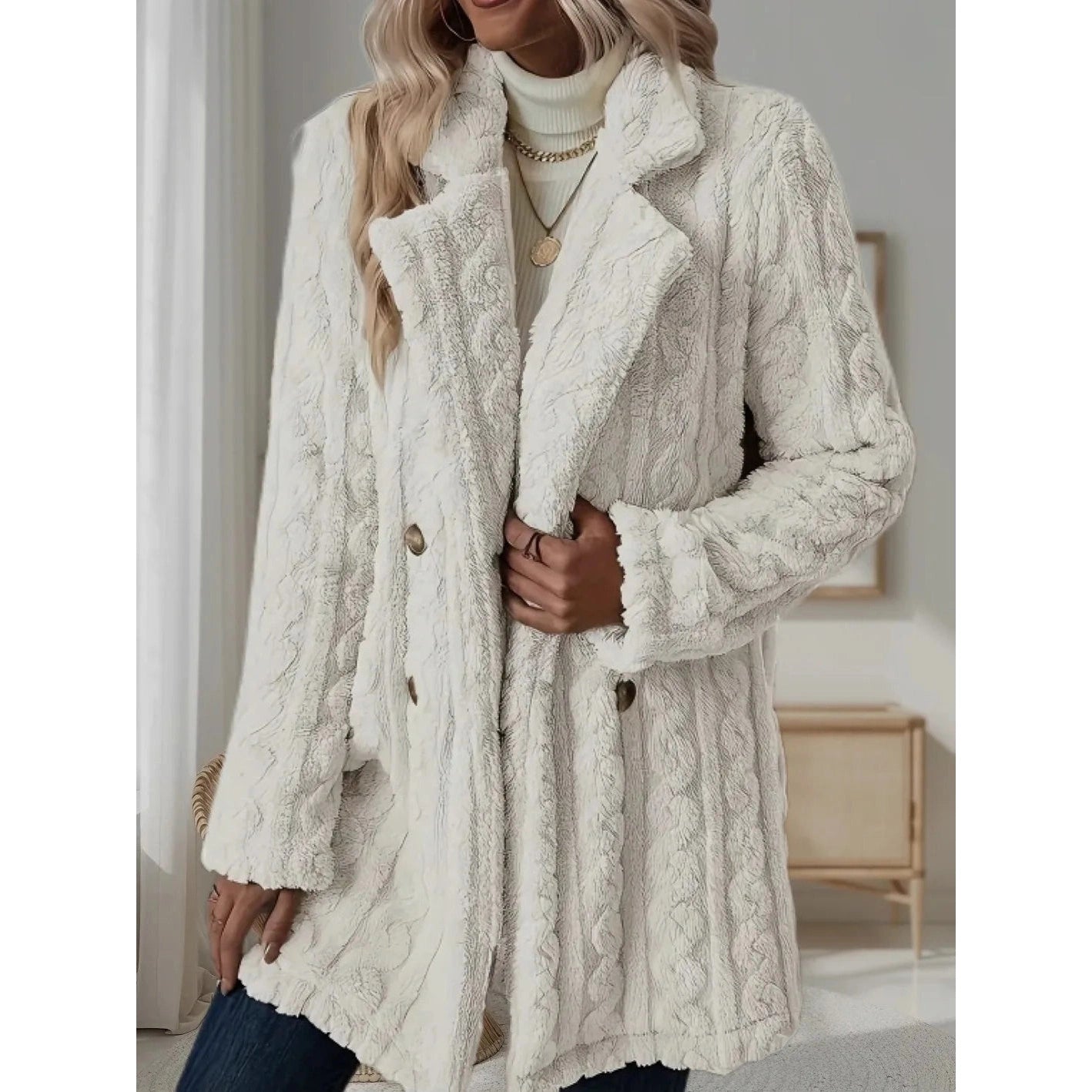 Dory White Double Breasted Plush Coat