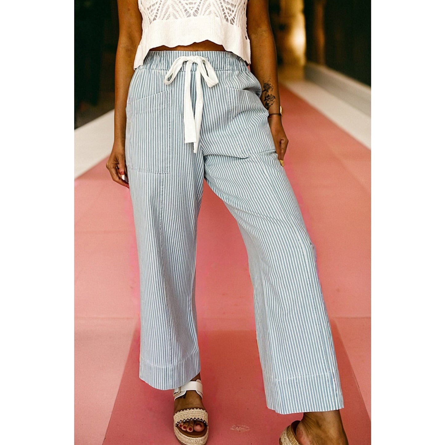 Dulcie Sky Blue Stripe Mid Rise Drawstring Waist Jeans