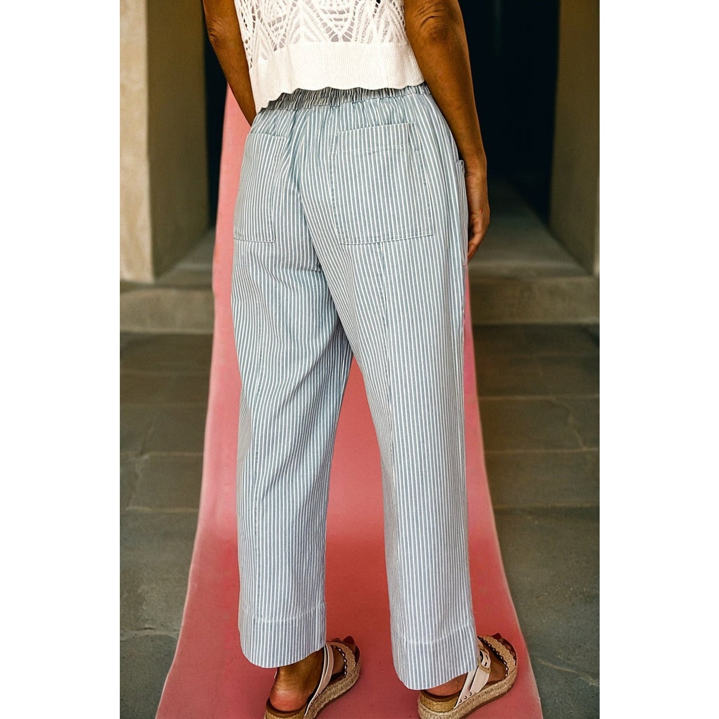 Dulcie Sky Blue Stripe Mid Rise Drawstring Waist Jeans
