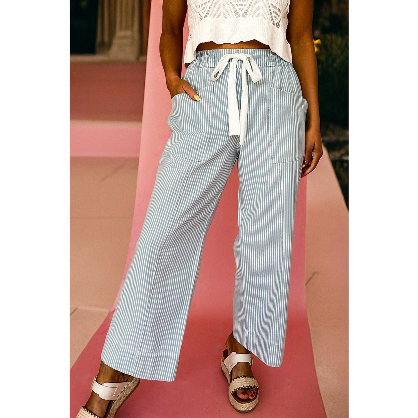 Dulcie Sky Blue Stripe Mid Rise Drawstring Waist Jeans