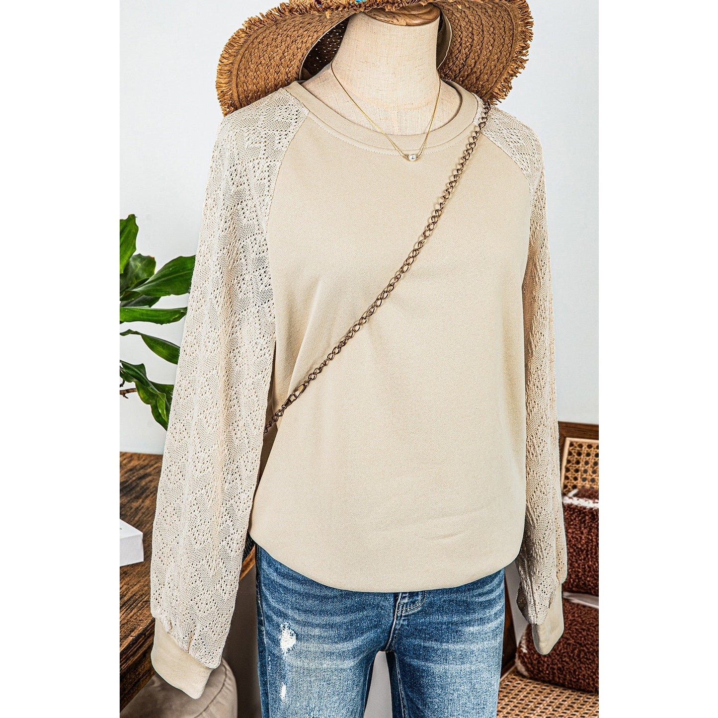 Elaine Parchment Eyelet Knit Patchwork Raglan Sleeve Pullover Top