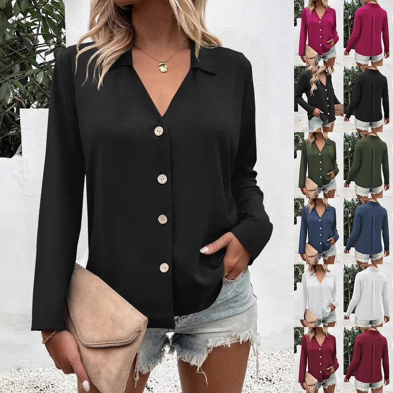 Eleanora Lapel Button Up Long Sleeve Blouse - 6 Colors