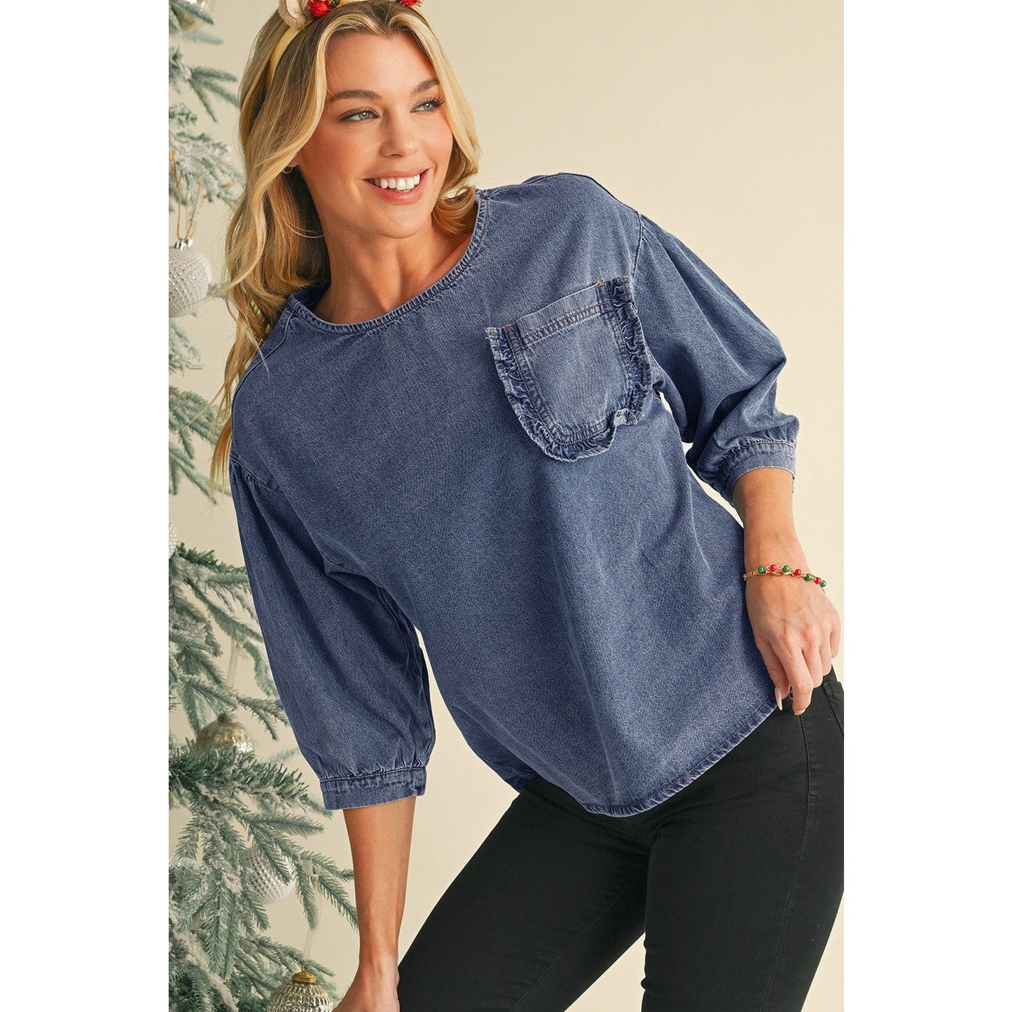 RTS Elfrida Sky Blue 3/4 Sleeve Ruffled Patched Pocket Denim Blouse