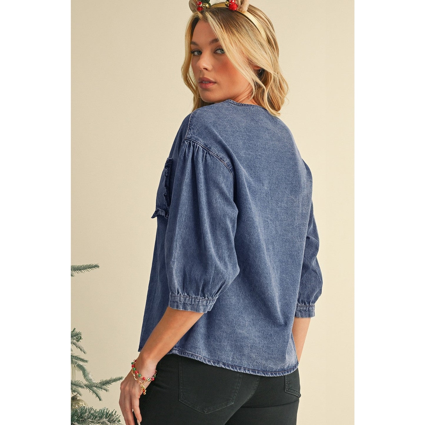RTS Elfrida Sky Blue 3/4 Sleeve Ruffled Patched Pocket Denim Blouse