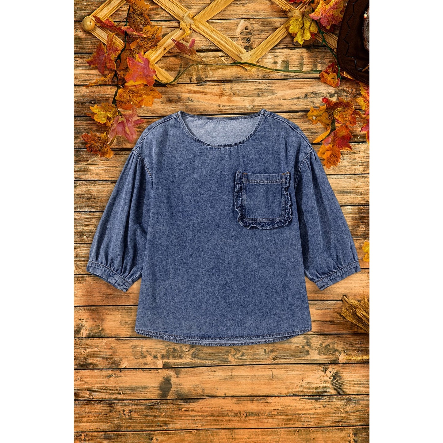 RTS Elfrida Sky Blue 3/4 Sleeve Ruffled Patched Pocket Denim Blouse