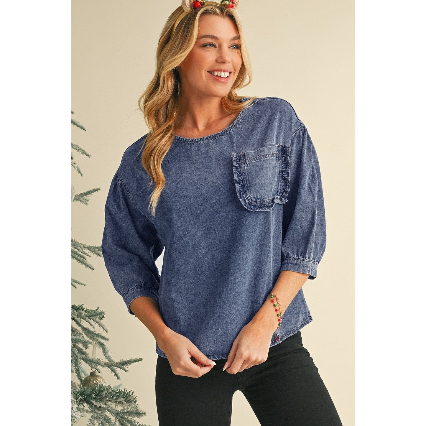 RTS Elfrida Sky Blue 3/4 Sleeve Ruffled Patched Pocket Denim Blouse