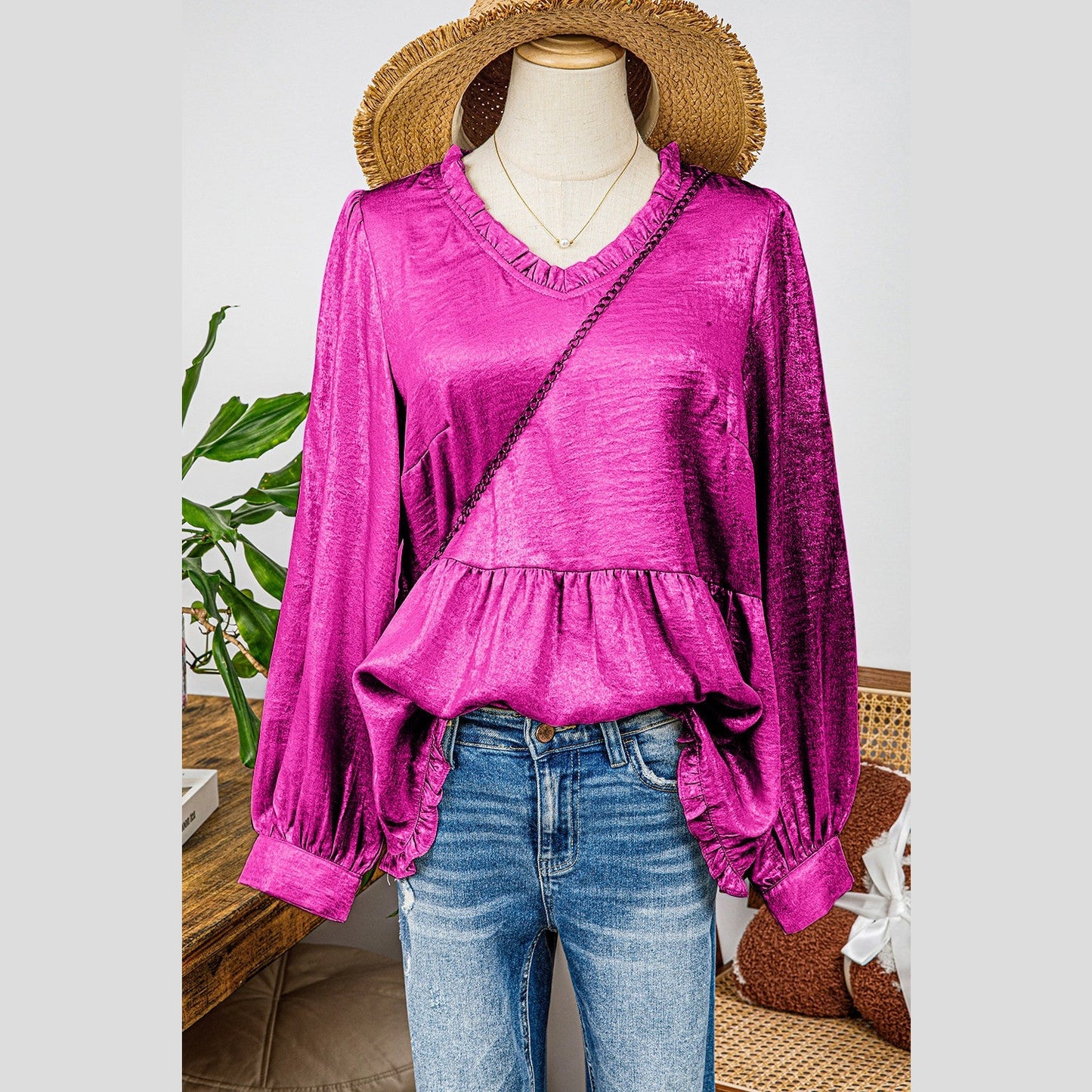 Ellie Mae Hot Pink Metallic Frilled V Neck Puff Sleeve Babydoll Blouse