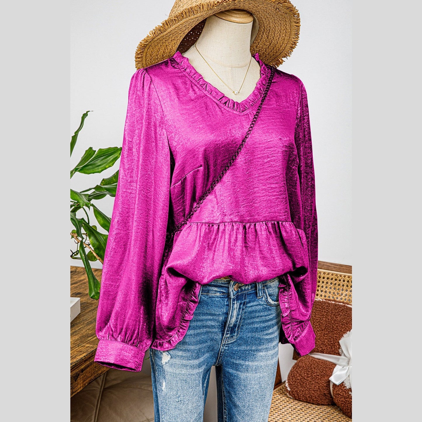 Ellie Mae Hot Pink Metallic Frilled V Neck Puff Sleeve Babydoll Blouse