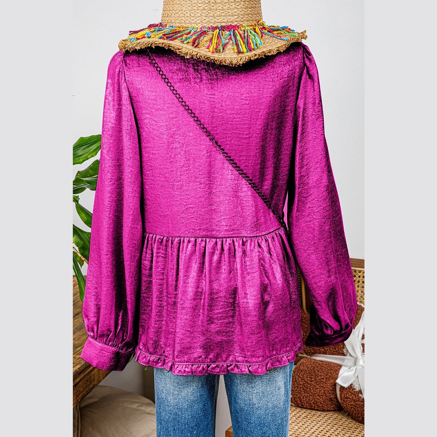 Ellie Mae Hot Pink Metallic Frilled V Neck Puff Sleeve Babydoll Blouse
