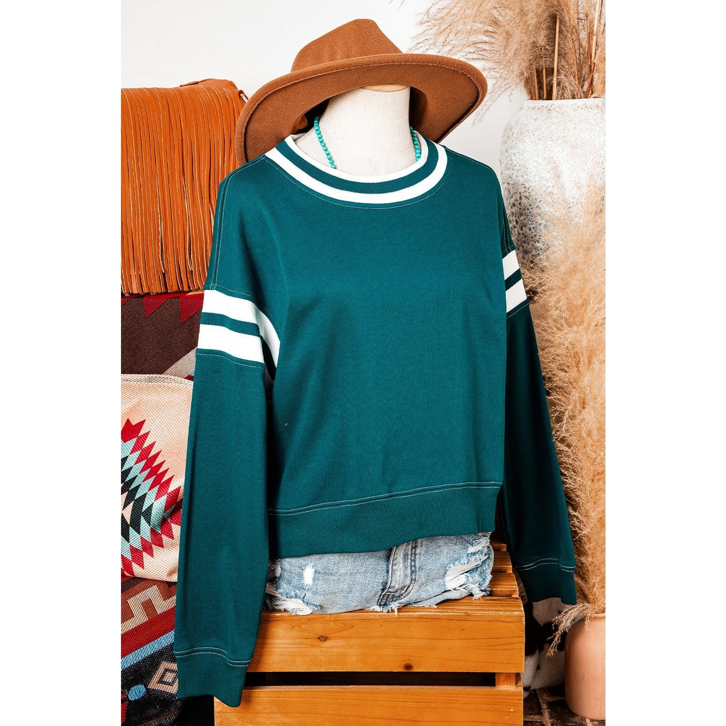 Elliott Green Contrast Striped Patchwork Round Neck Drop Shoulder Sweatshirt