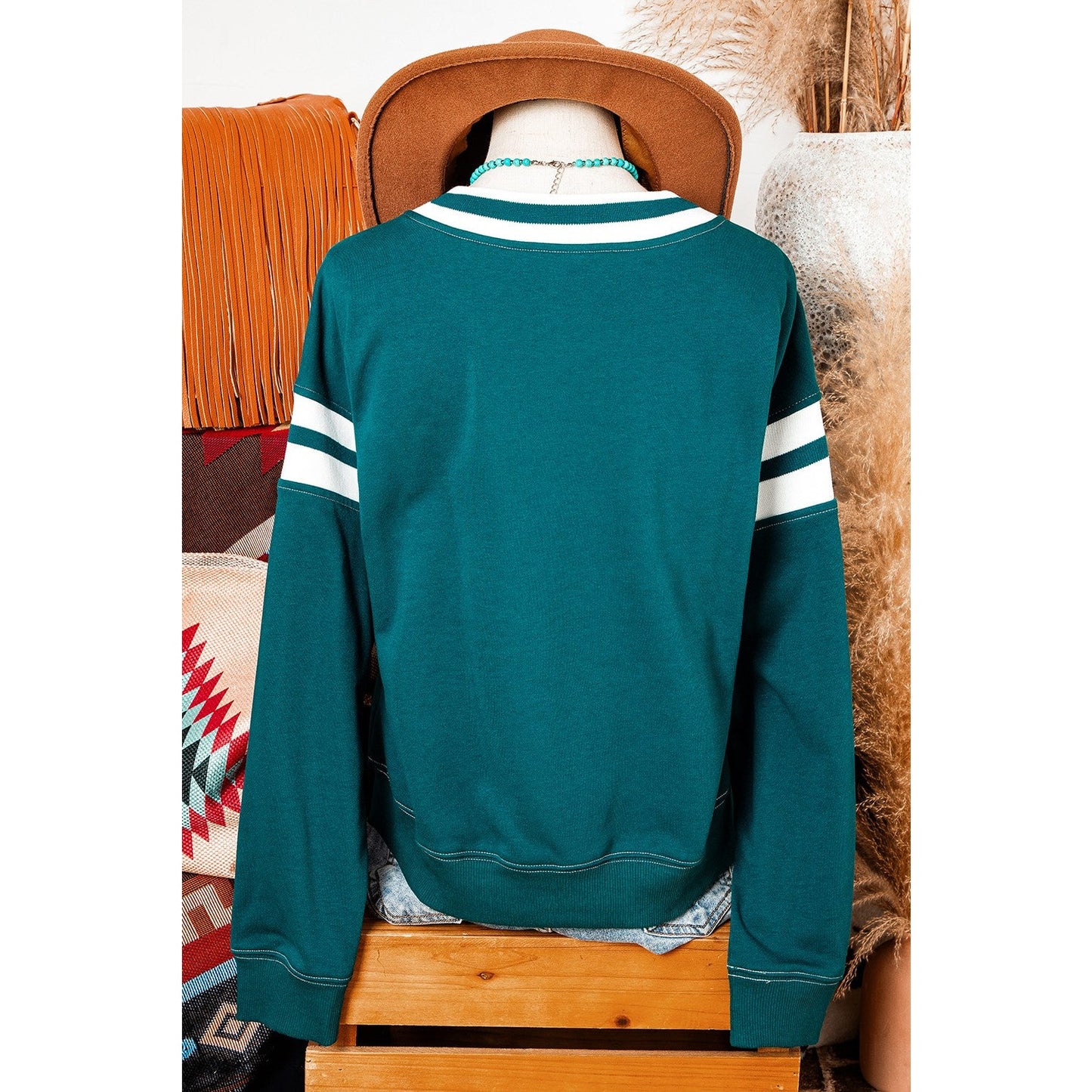 Elliott Green Contrast Striped Patchwork Round Neck Drop Shoulder Sweatshirt