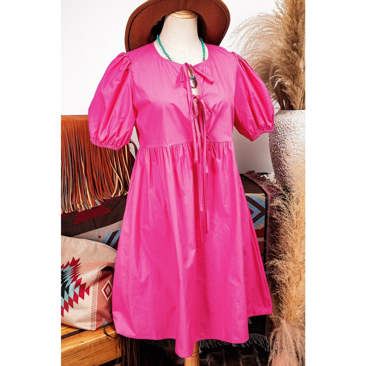 REDUCED!!! Elma Bright Pink Puff Sleeve Tie Front High Waist Mini Dress REDUCED!!!