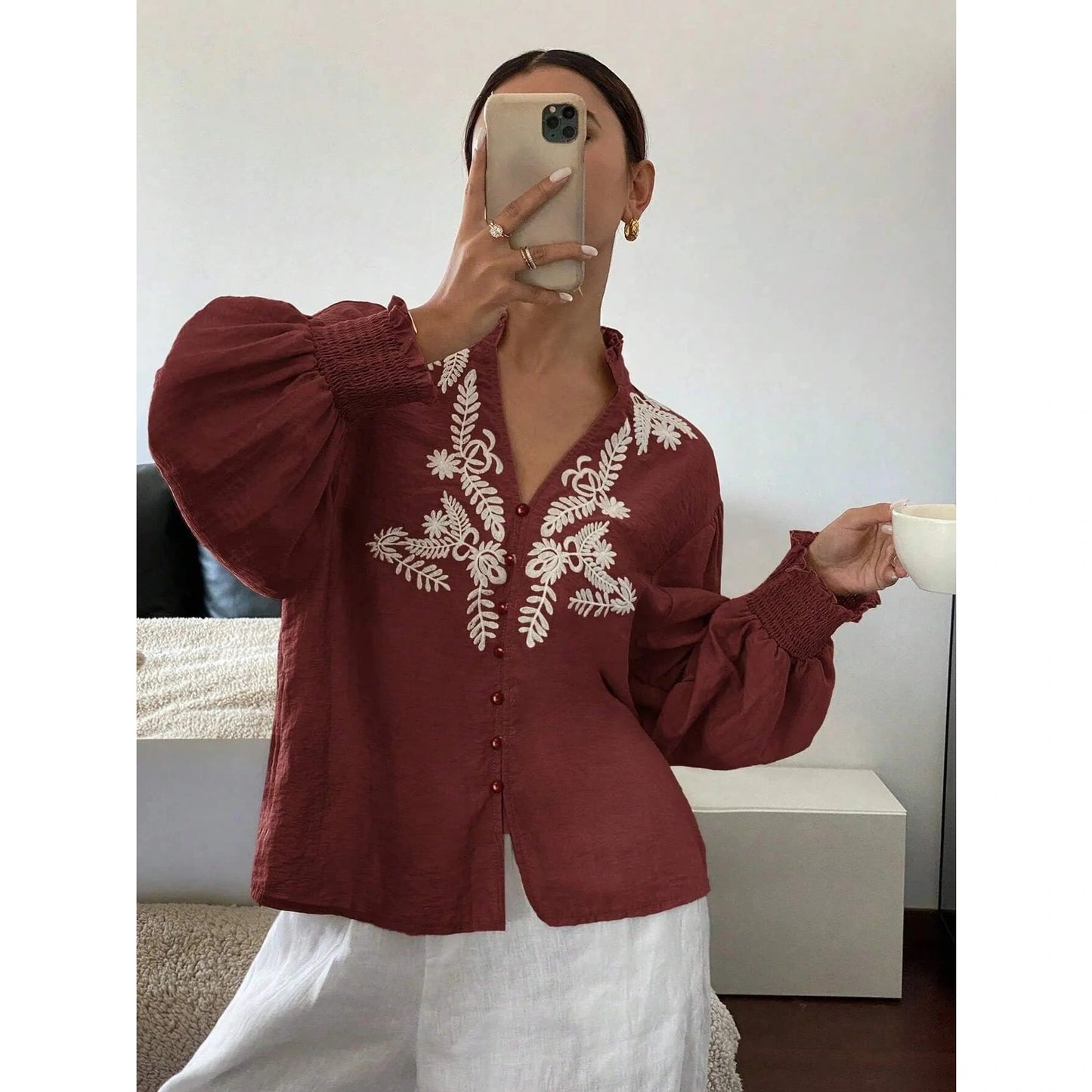Embry Wine Embroidered Pearl Button Lantern Sleeve Blouse