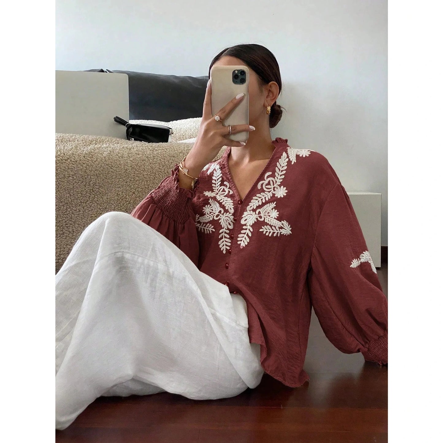 Embry Wine Embroidered Pearl Button Lantern Sleeve Blouse