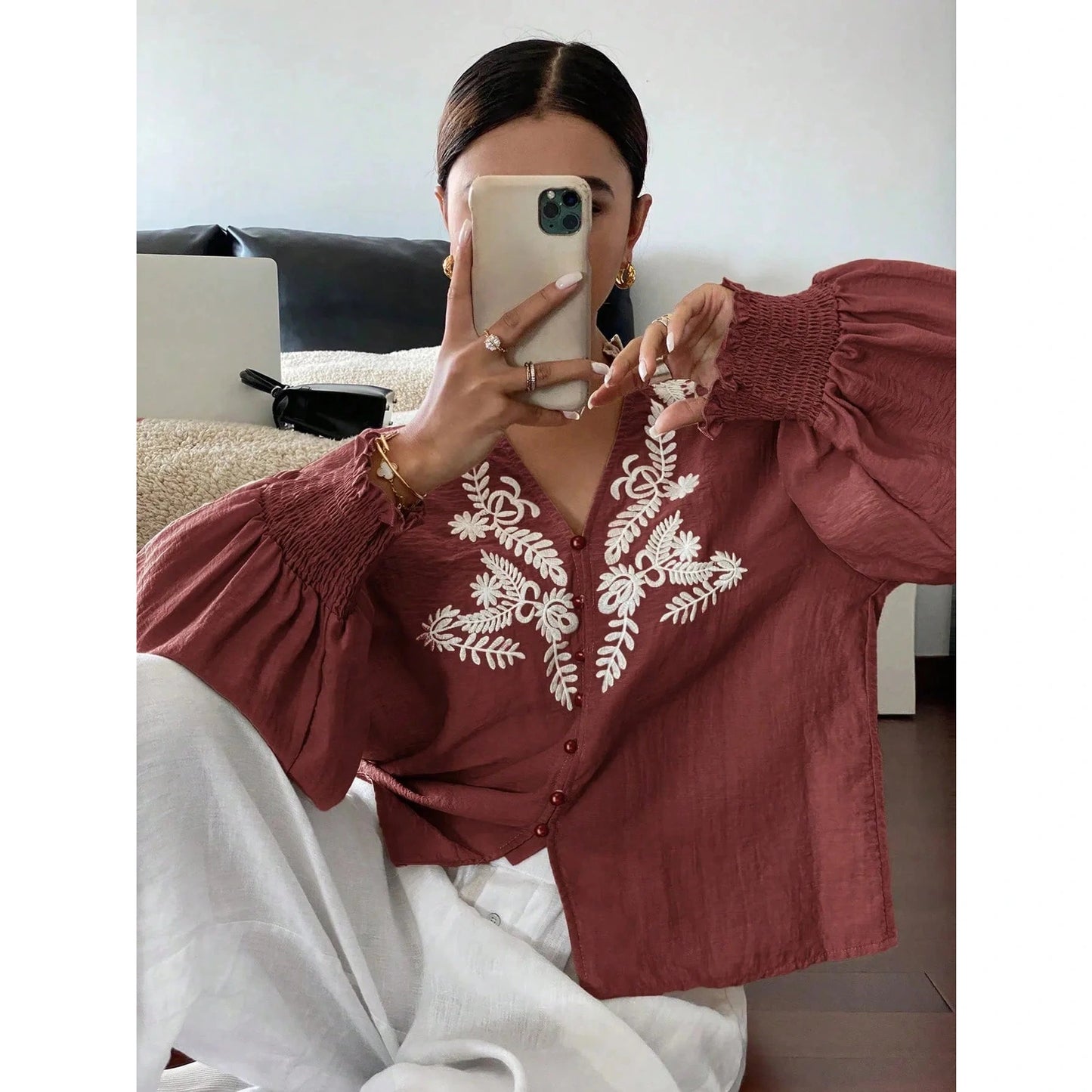 Embry Wine Embroidered Pearl Button Lantern Sleeve Blouse
