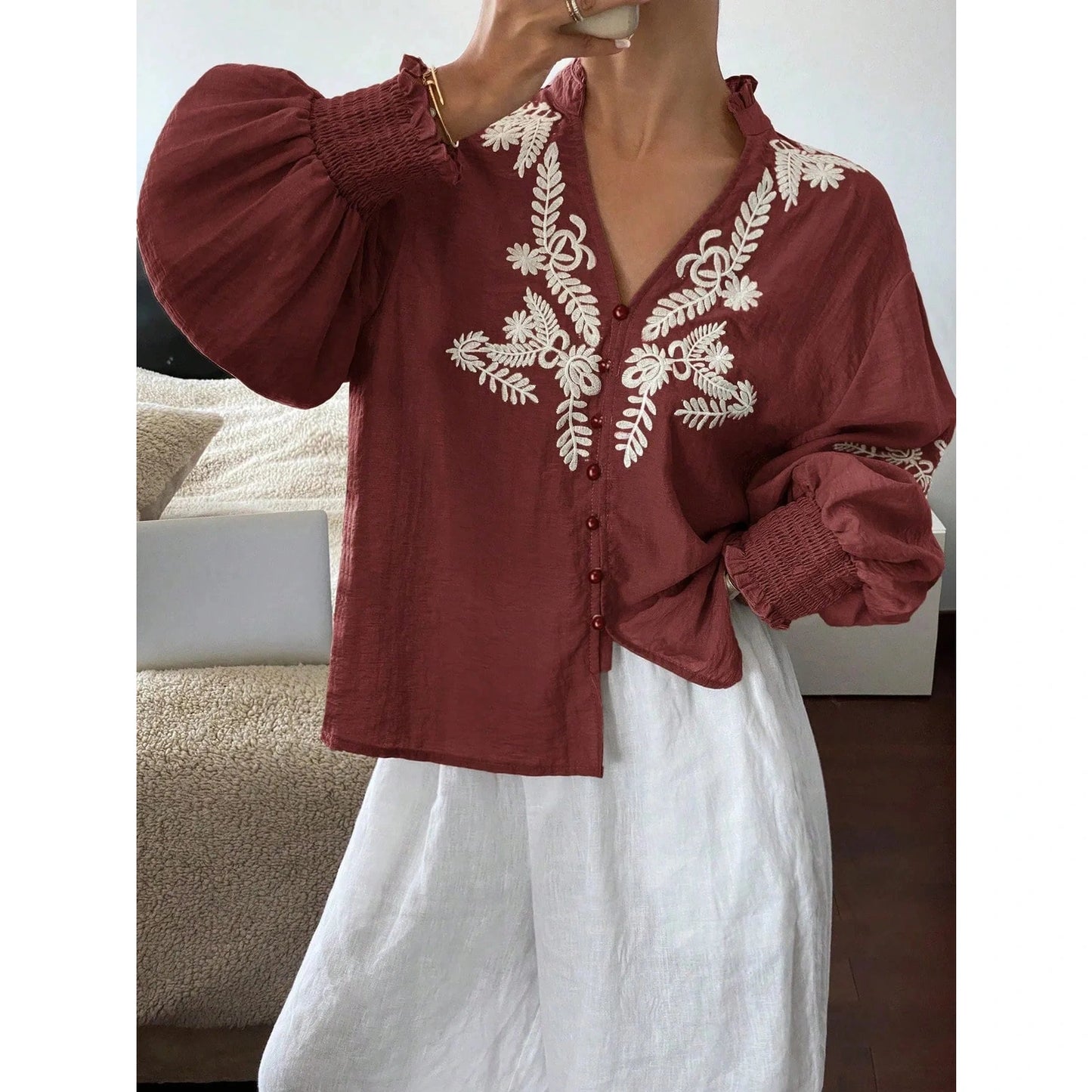 Embry Wine Embroidered Pearl Button Lantern Sleeve Blouse