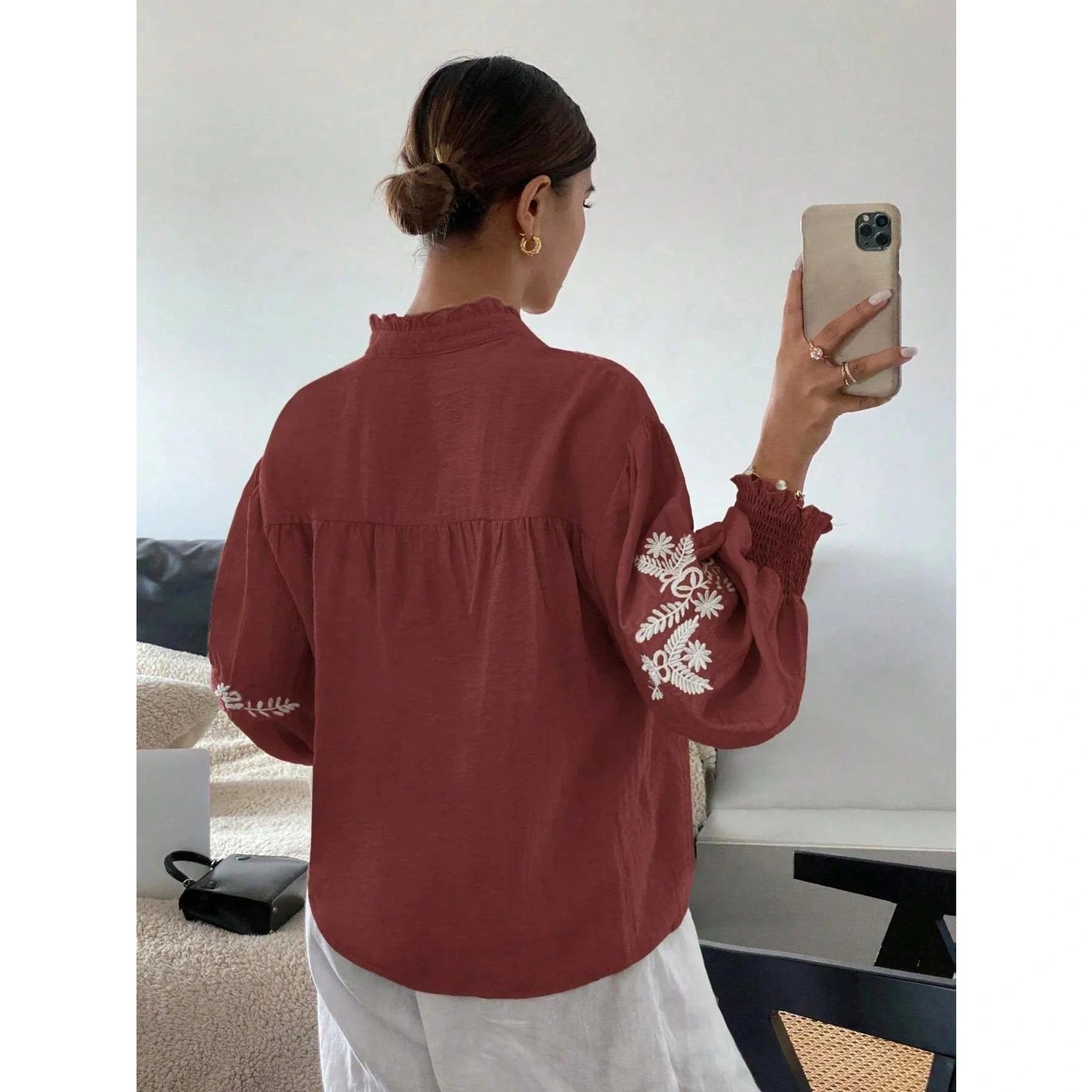 Embry Wine Embroidered Pearl Button Lantern Sleeve Blouse