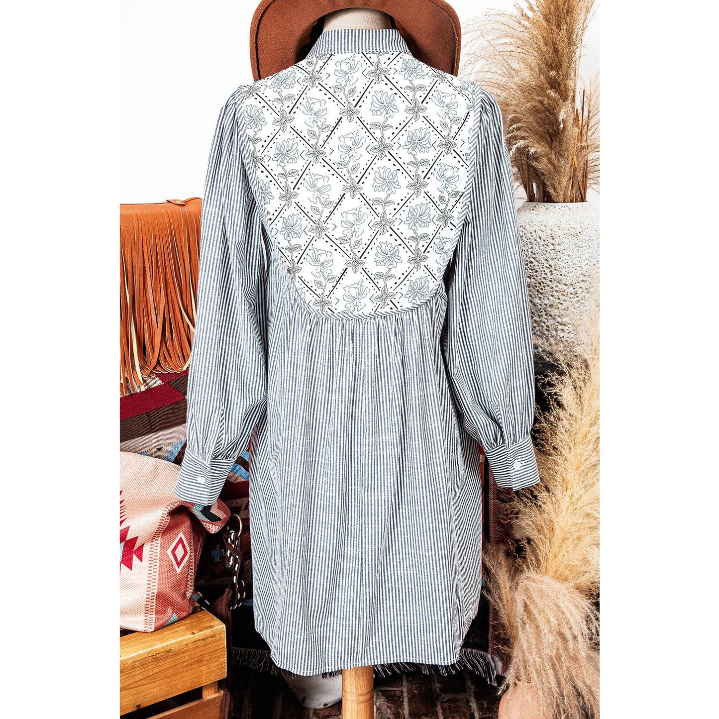 REDUCED!!! Erma Nell Black Stripe Floral Patchwork Tied V Neck Shift Long Sleeve Mini Dress REDUCED!!!