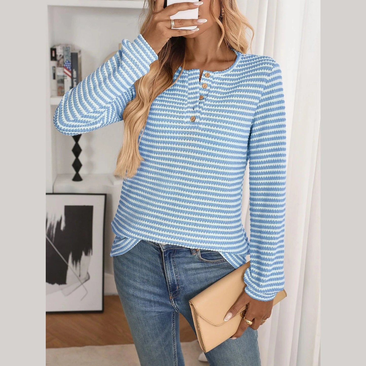 Erika Blue Notch Neck Quarter Button Top