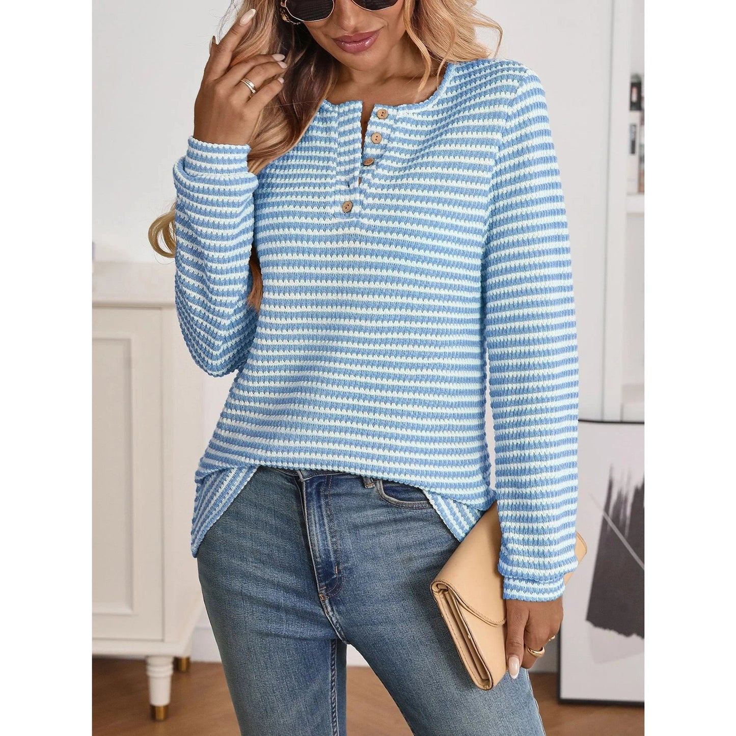 Erika Blue Notch Neck Quarter Button Top